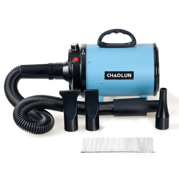 Dog Dryer for Pet Grooming High Velocity Pet Hair Dryer with Heater Adjustable Speed 3 Nozzles and a Comb Blue